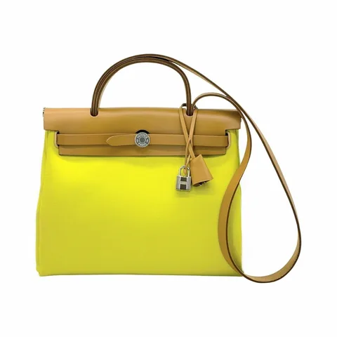 Hermes Toile Canvas Vache Hunter Leather Palladium Hardware Naturel Sable Lime Zip Herbag 31 - 1