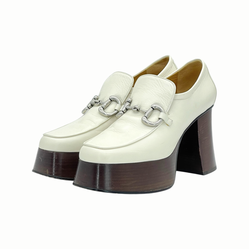 Gucci Ecru Leather Horsebit Platform Loafers 38 - 1