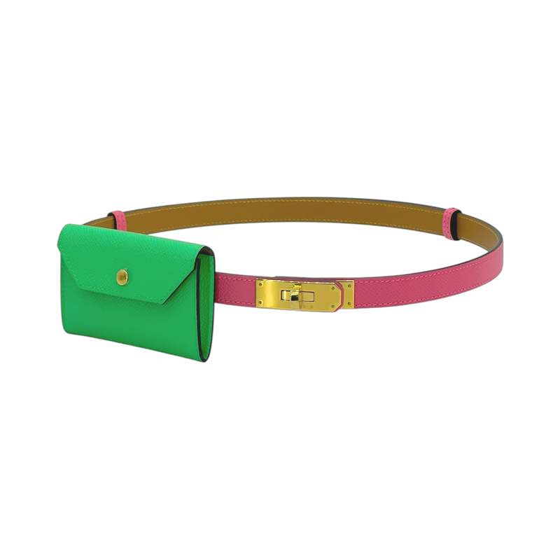 Hermes Epsom Leather Gold Hardware Rose Azalee Vert Comics Kelly Pocket 18 Belt - 1