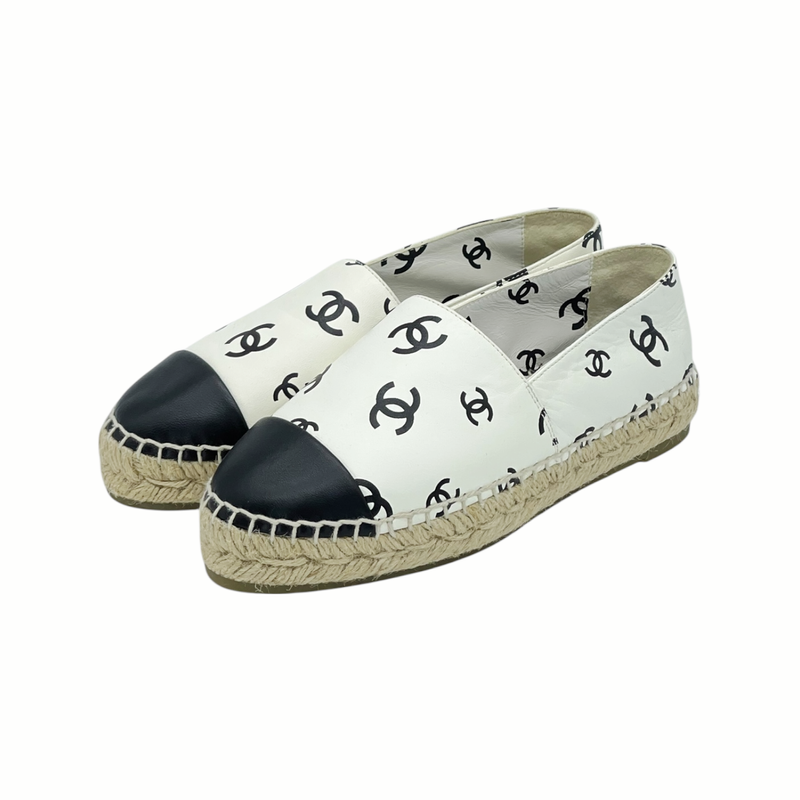 Chanel Ivory Black Leather CC Logo Print Espadrilles 36 - 1