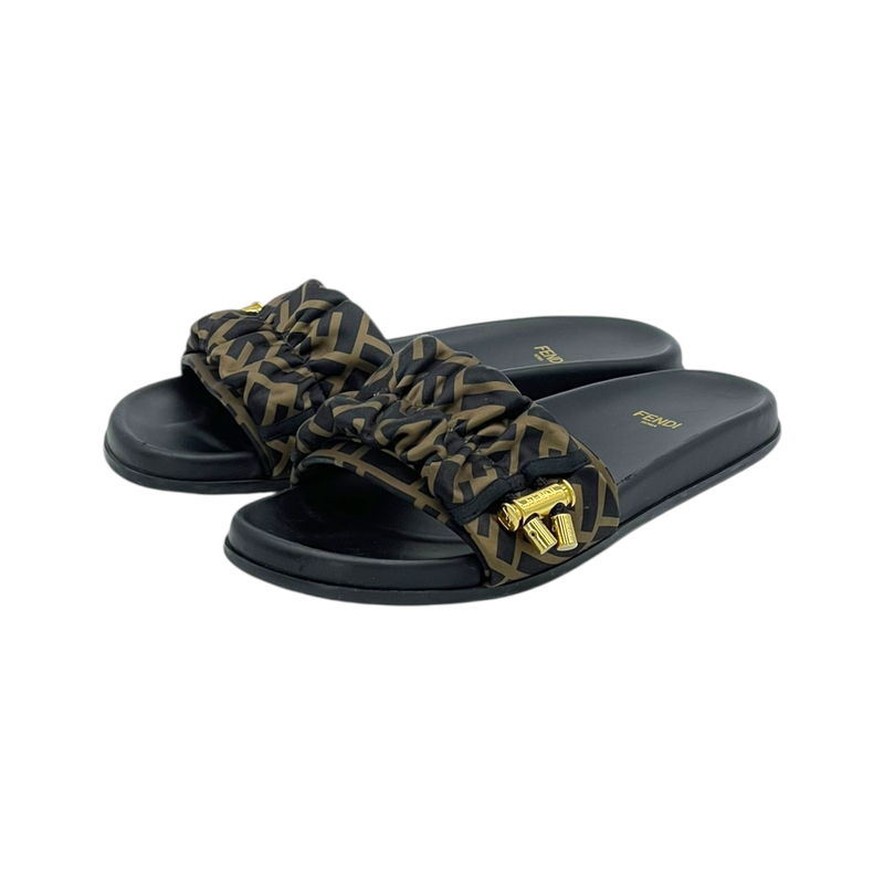 Fendi Brown Satin FF Logo Pool Slides 40 - 1