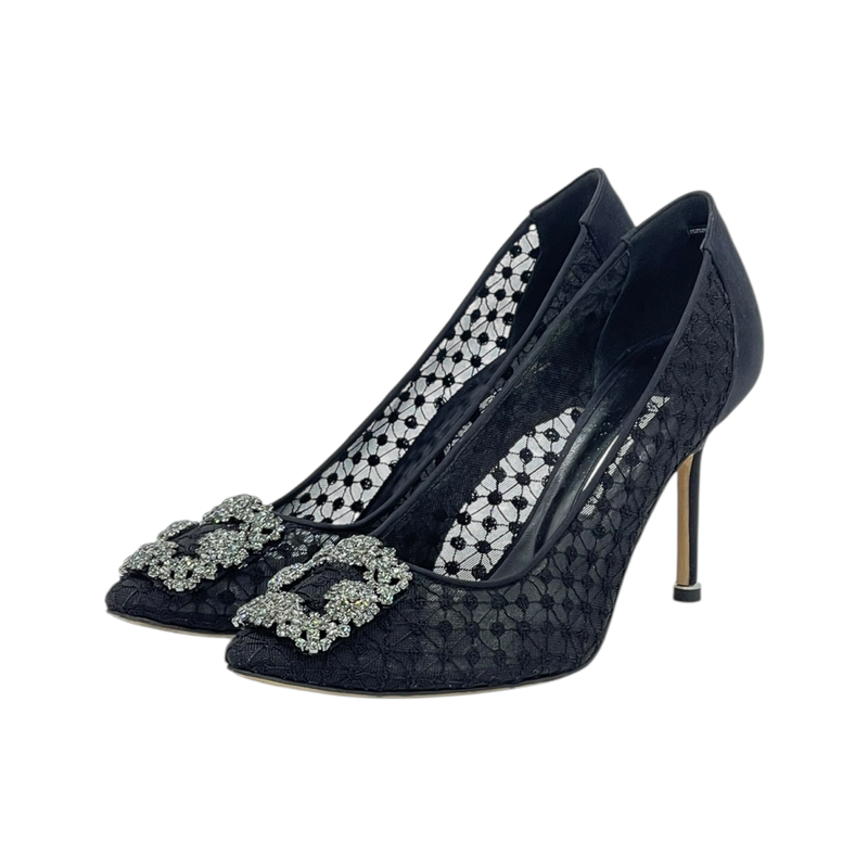 Manolo Blahnik Black Lace Jewel Buckle Cloth Pumps 39 - 1