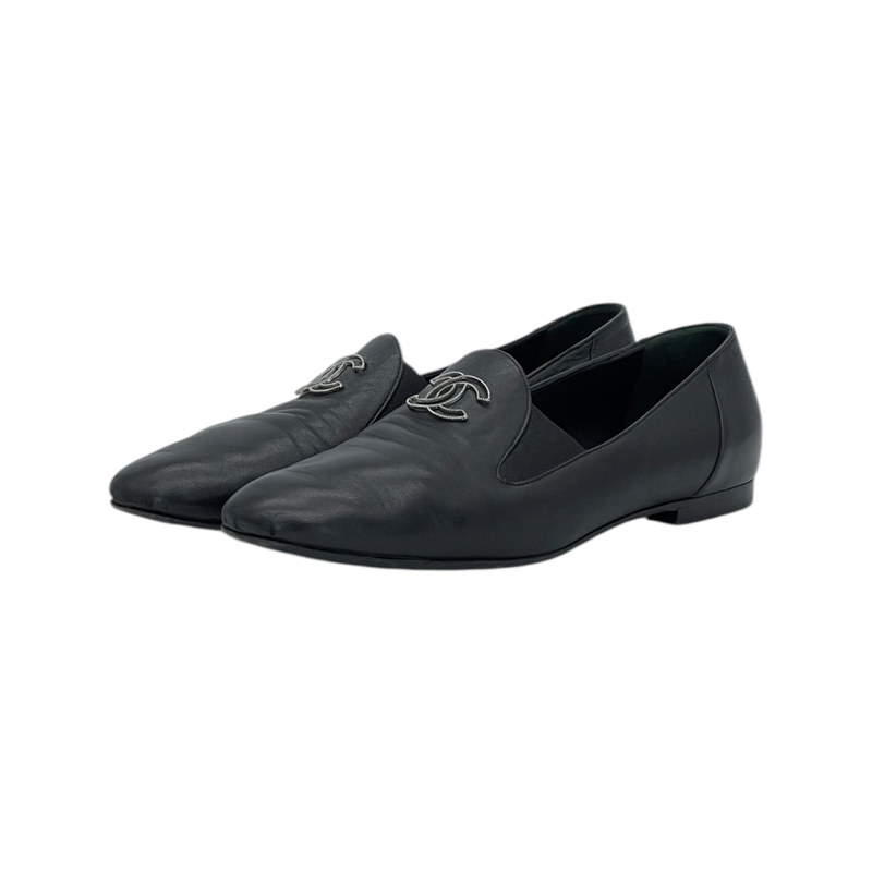 Chanel Black Grosgrain Interlocking CC Logo Loafers 38.5 - 1