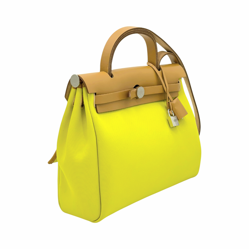 Hermes Toile Canvas Vache Hunter Leather Palladium Hardware Naturel Sable Lime Zip Herbag 31 - 3