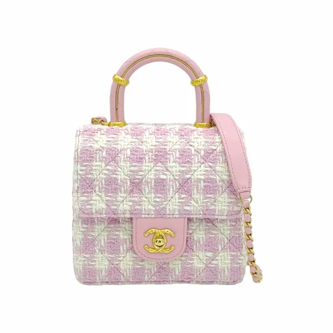 Chanel Pink Ecru Tweed Gold Hardware Crush Top Handle Flap Bag - 1
