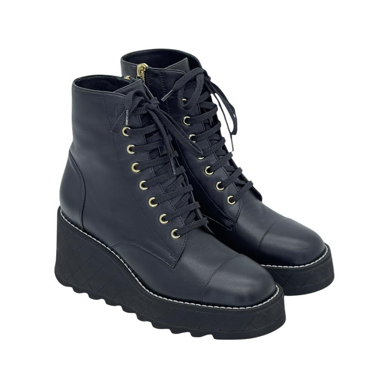 Chanel Black Lambskin Interlocking CC Logo Lace Up Combat Platform Boots 39 - 3