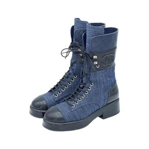 Chanel Navy Blue Denim Black Patent Leather Quilted CC Lace Up Combat Boots 37.5 - 1