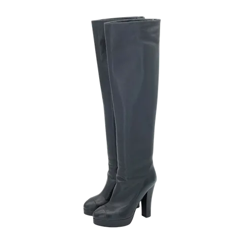 Chanel Black Leather CC Logo Knee High Boots 36.5 - 1