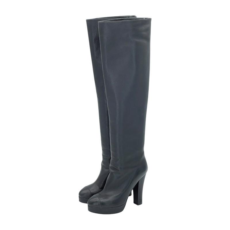 Chanel Black Leather CC Logo Knee High Boots 36.5 - 1