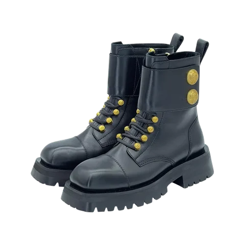 Balmain Black Leather Ranger Army Ankle Boots 37