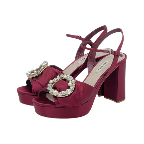 Miu Miu Burgundy Satin Crystal Embellished Block Heel Ankle Strap Platform Sandals 40 - 1