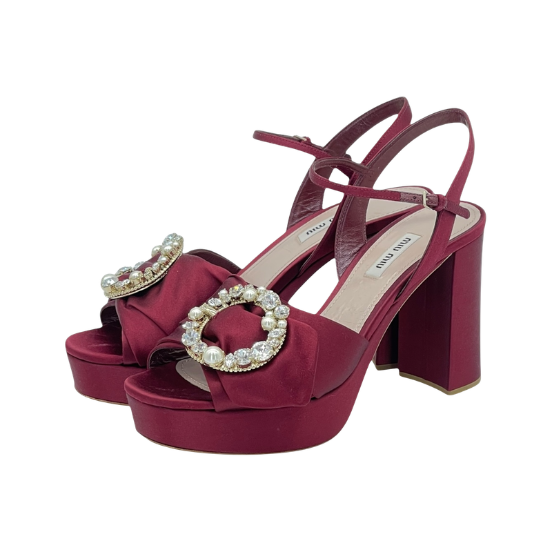 Miu Miu Burgundy Satin Crystal Embellished Block Heel Ankle Strap Platform Sandals 40 - 1