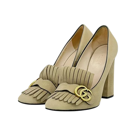 Gucci Beige Suede GG Marmont Fringe Block Heel Pumps 39 - 1
