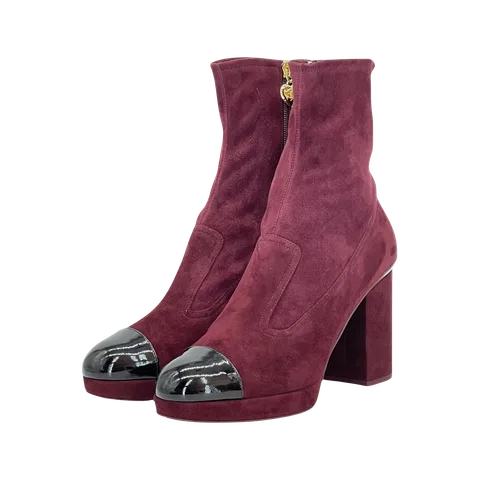 Chanel Burgundy Suede Interlocking CC Logo Sock Ankle Boots 39.5 - 1