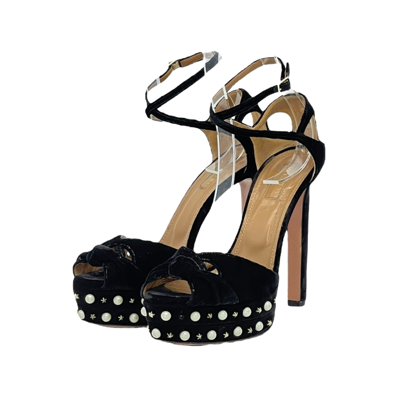 Aquazzura Black Velvet Harlow Studded Heel Sandals 38.5 - 1