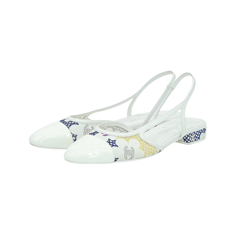 Chanel White Multicolor Fabric Patent Embroidered Guipure CC Logo Slingback 38.5 - 1