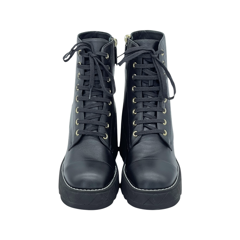 Chanel Black Lambskin Interlocking CC Logo Lace Up Combat Platform Boots 39 - 2