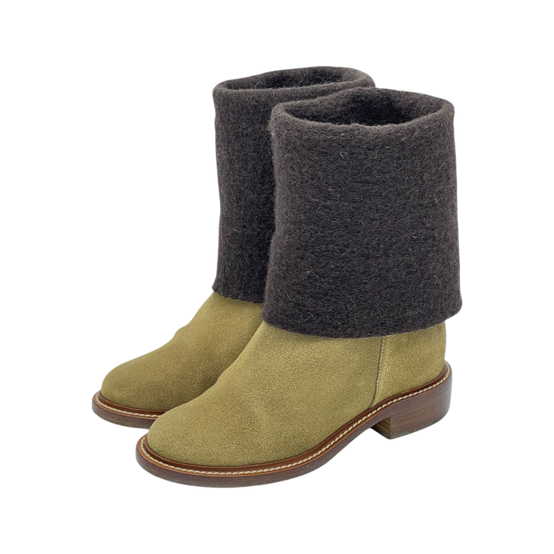 Chanel Beige Suede Brown Wool CC Logo Boots 39C - 1