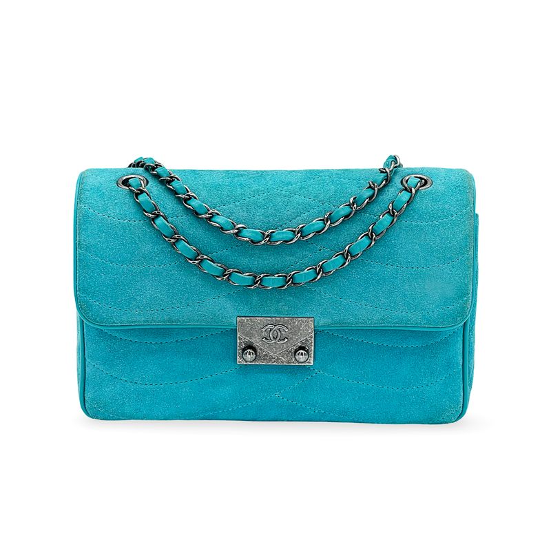Chanel Turquoise Suede Lambskin Ruthenium Hardware Medium Pagoda Flap Bag - 1