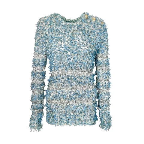 Balmain Blue White Gold Button Tweed Frayed Knitwear