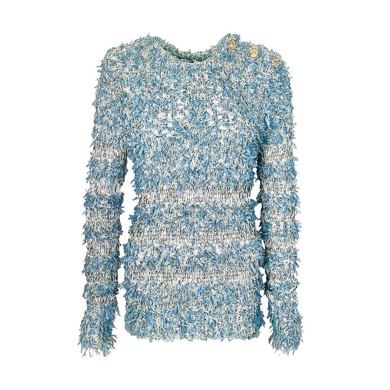Balmain Blue White Gold Button Tweed Frayed Knitwear - 1
