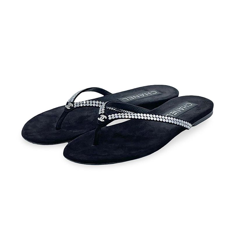 Chanel Black Suede Rhinestones CC Flip Flop Thong Sandals 39C - 1