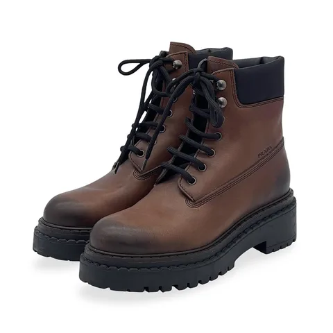 Prada Brown Leather Black Re-Nylon Work Boots 36.5 - 1