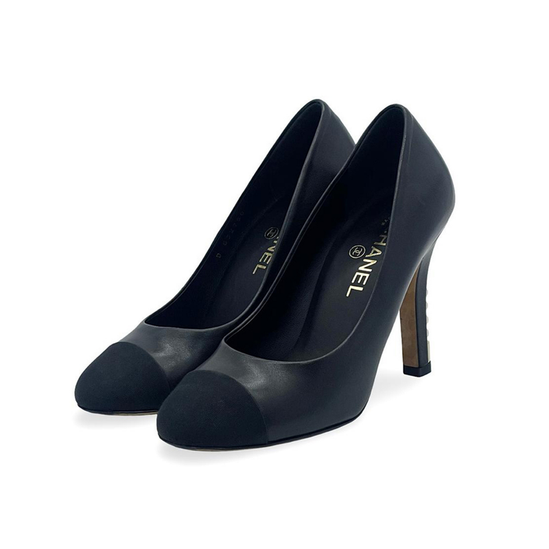 Chanel Black Leather Cap Toe Pearl Heel Pumps 38.5 - 1