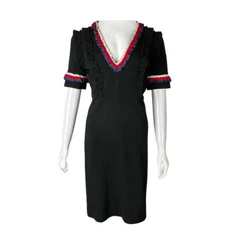 Gucci Black Jersey Ruffled Sheath Dress L - 1