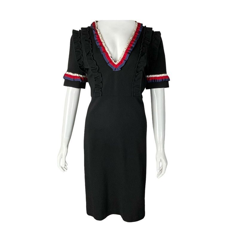 Gucci Black Jersey Ruffled Sheath Dress L - 1