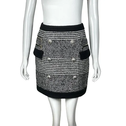 Balmain Black White Wool Houndstooth High Rise Zip Mini Skirt 38