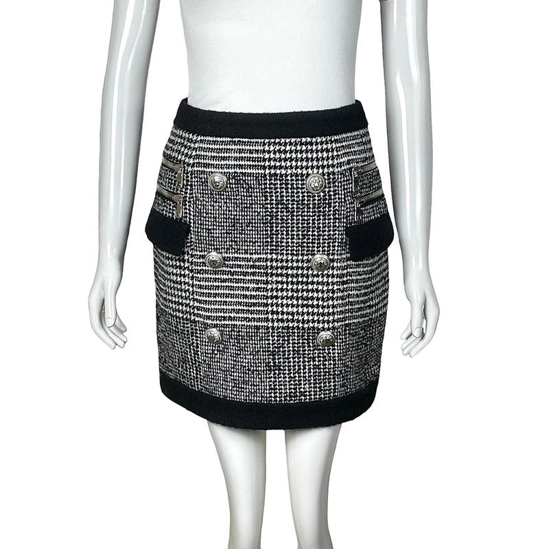 Balmain Black White Wool Houndstooth High Rise Zip Mini Skirt 38 - 1