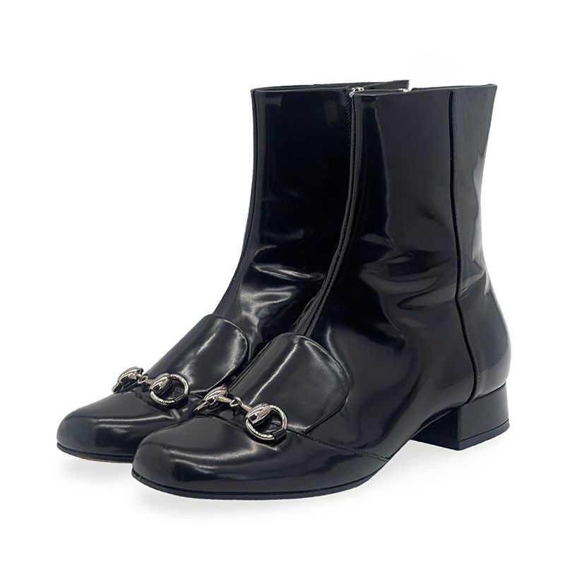Gucci Black Shiny Leather Horsebit Heel Ankle Boots 36 - 1