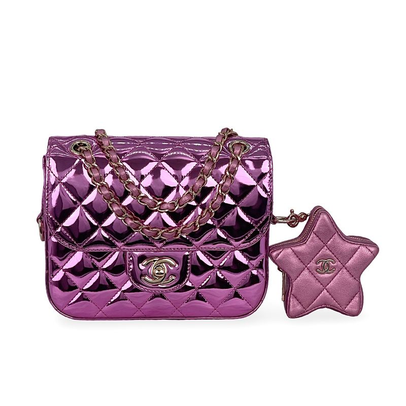 Chanel Mirrored Metallic Pink Calfskin Mini Flap Bag Star Coin Purse - 1