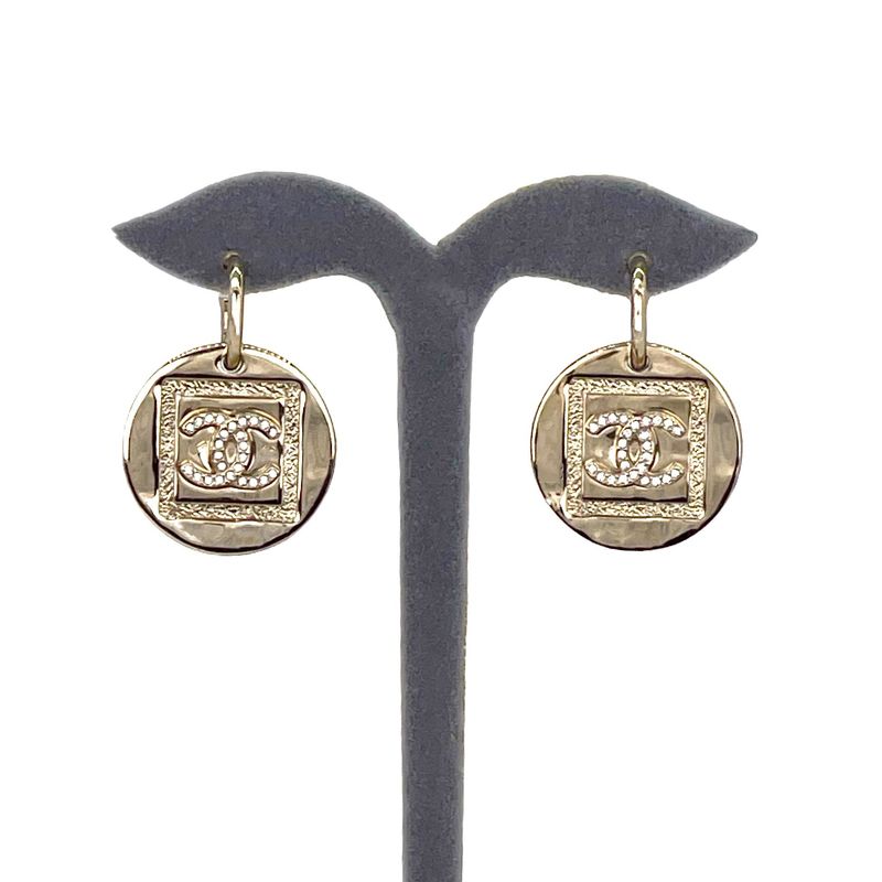 Chanel Light Gold Giant Round CC Logo Drop Earrings - 1