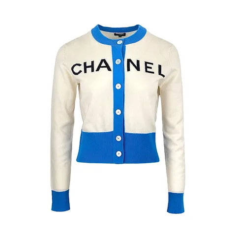 Chanel Ecru Blue La Pausa Cashmere Logo 2019 Cardigan 36 - 1