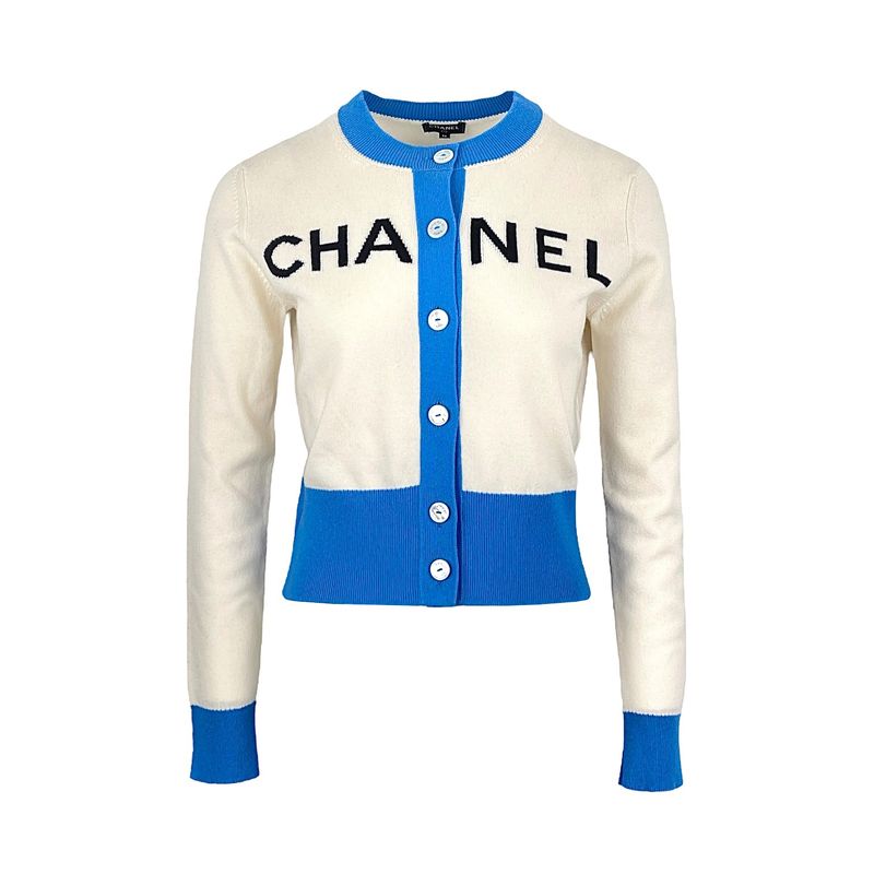 Chanel Ecru Blue La Pausa Cashmere Logo 2019 Cardigan 36 - 1