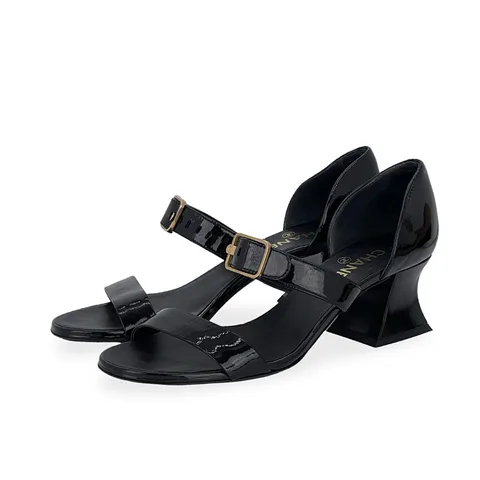 Chanel Black Patent Leather Curved Block Heel Sandals 39.5 - 1