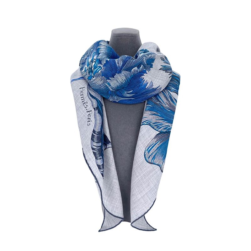 Hermes Blue Tulipomanie Cashmere Silk Triangle Scarf - 1