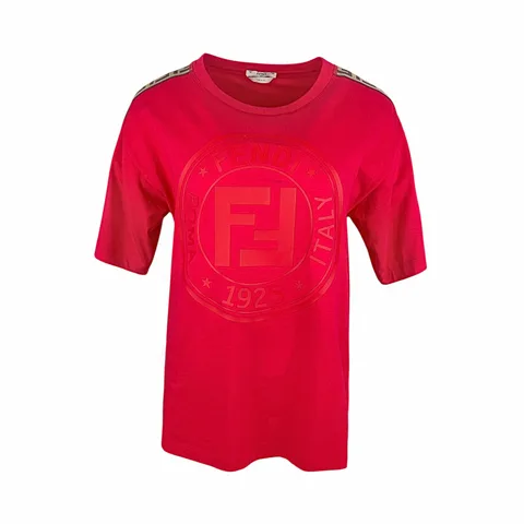 Fendi Red Brown FF Logo Detail Cotton Tshirt IT40 - 1
