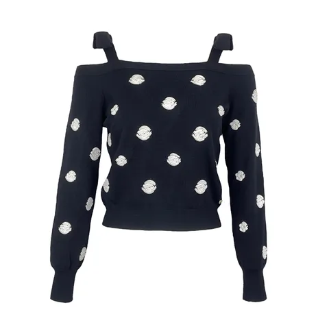 Chanel Black Wool White Camellia Off The Shoulder Bow Knit Sweater 34