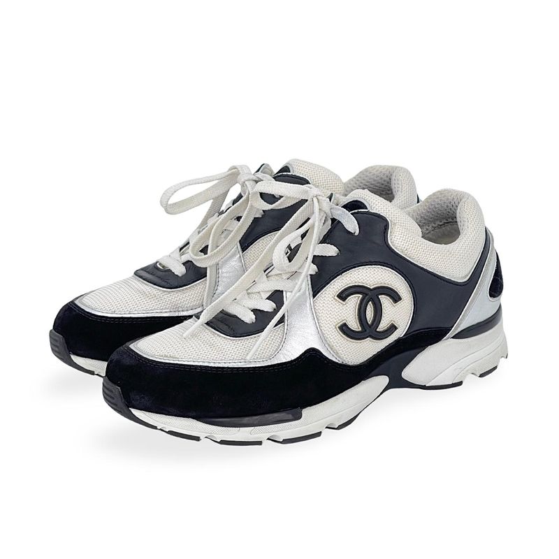 Chanel Black White Silver Suede Leather Fabric CC Logo Sneakers 38.5 - 1