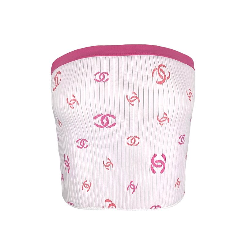 Chanel White Pink Coral CC Logo Print Ribbed 2022 Top M - 1