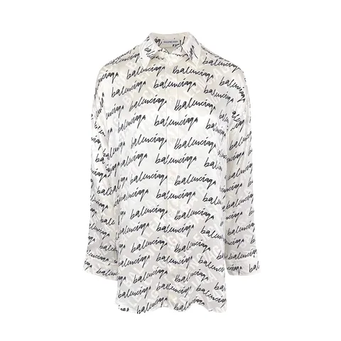 Balenciaga White Black Logo Scribble Silk Satin Shirt IT38 - 1