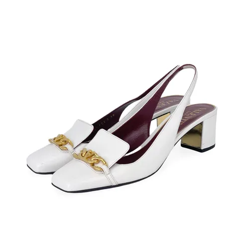 Valentino White Leather Gold V Logo Chain Slingback Pumps 39 - 1