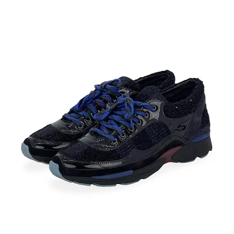 Chanel Black Blue Patent Leather Tweed Sneakers 39 - 1