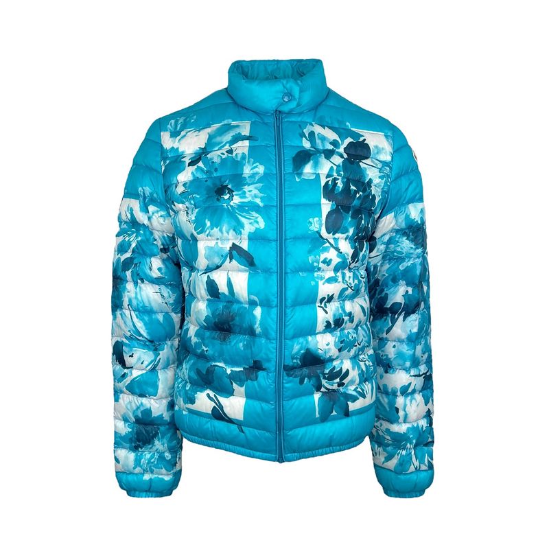 Moncler Light Blue Navy White Floral Pattern Quilted Nylon Down Alisia Jacket 2 - 1
