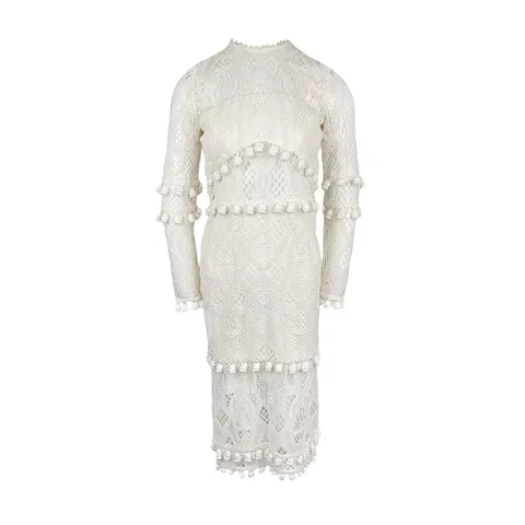 Alexis White Crochet Lace Callie Pom Pom Midi Dress S - 1