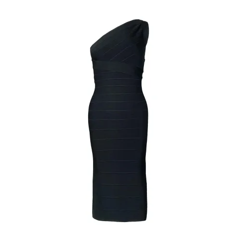 Herve Leger Black Stretch Asymmetric Neck Open Back Dress XS - 1