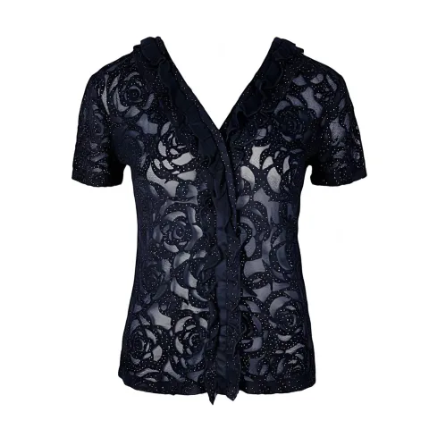 Chanel Black Navy Blue Wool CC Camellia Cardigan 40